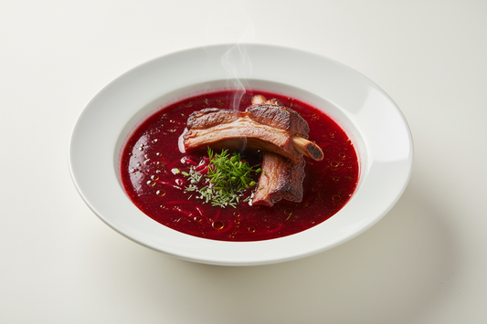 Realistic e-commerce packshot of deep red beetroot soup (barszcz) made from fermented beets with smoked ribs, served in a clean white bowl, plain background, natural lighting, high-quality food photo.
