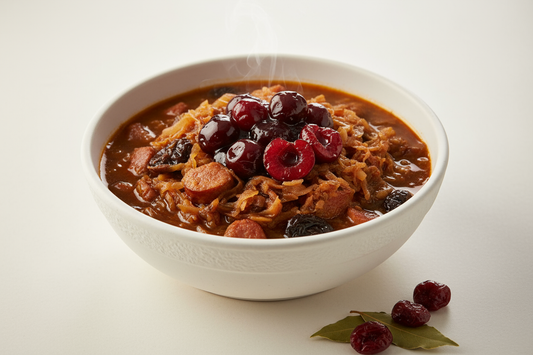 Realistic e-commerce photo of traditional Polish hunter’s stew (bigos) with cherry confiture, served in a white bowl, plain background, natural warm lighting.